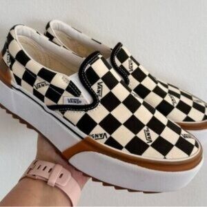 Vans Checkerboard Platform Slip-On in Black, White and Brown